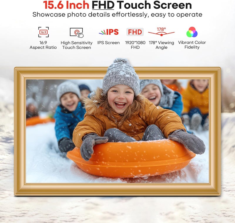 BIGASUO 64GB 15.6" Frameo Digital Picture Frame WiFi, Large Electronic Photo Frames Golden 1920 x 1080 IPS FHD Touch Screen, Send Photos from Your Phone from Anywhere, Best Gifts for Family and Friends - Image 4